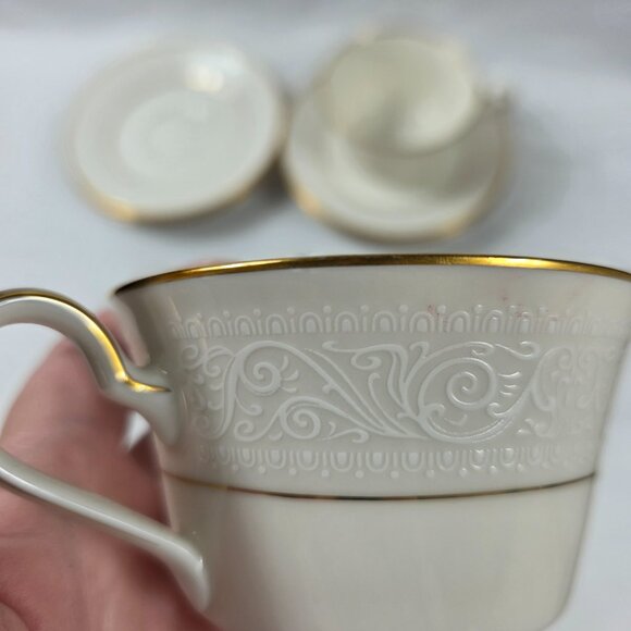 Noritake Tulane Cups & Saucers (2 Cups 4 Saucers) White Scrolls Gold Ring & Rim - Picture 6 of 15